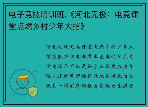 电子竞技培训班,《河北无极：电竞课堂点燃乡村少年大招》